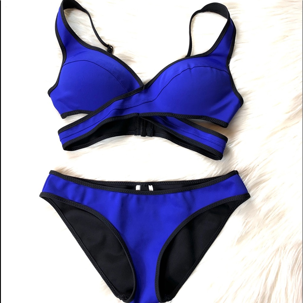 Becca neoprene blue and black two piece swimsuit